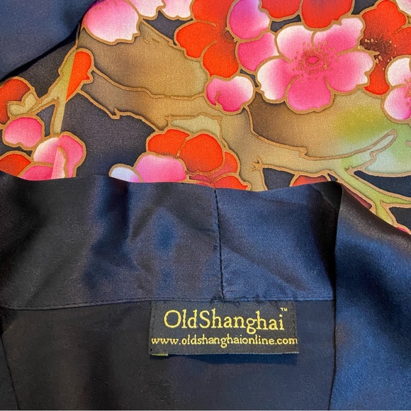Old Shanghai Cherry Blossom Black Silk Kimono Floral Robe O/S - Picture 9 of 13